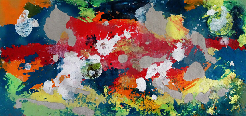 Abstract painting with dobs and splodges of many colours, reds, yellows, oranges, greens and blues